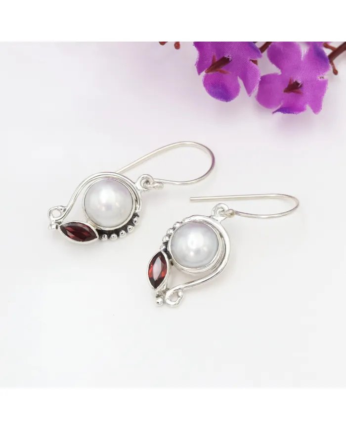 Elegant Pearl & Garnet Dangle Earrings - 925 Sterling Silver Jewelry
