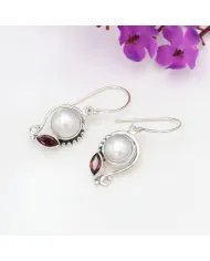 Elegant Pearl & Garnet Dangle Earrings - 925 Sterling Silver Jewelry