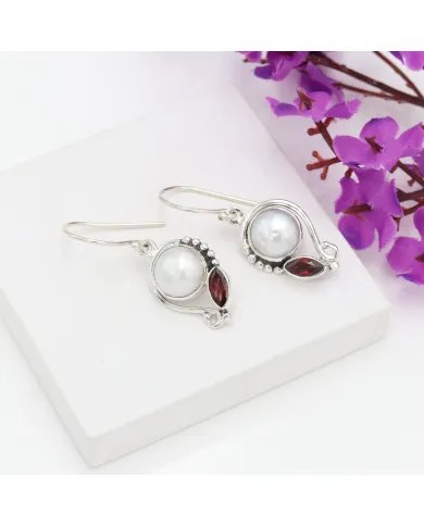 Elegant Pearl & Garnet Dangle Earrings - 925 Sterling Silver Jewelry