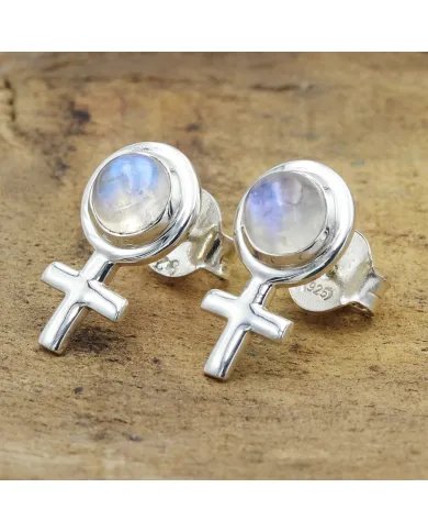 Moonstone Cross Stud Earrings – 925 Sterling Silver Handmade Jewelry
