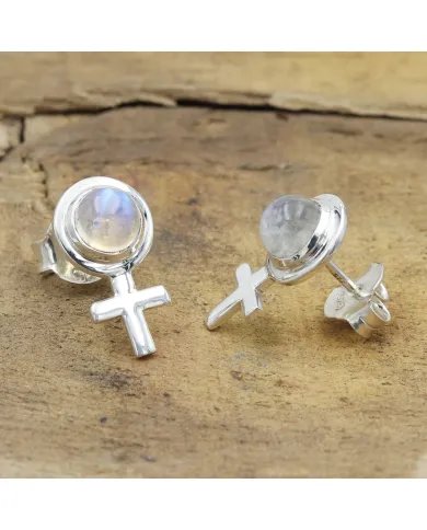 Moonstone Cross Stud Earrings – 925 Sterling Silver Handmade Jewelry