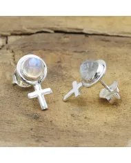Moonstone Cross Stud Earrings – 925 Sterling Silver Handmade Jewelry