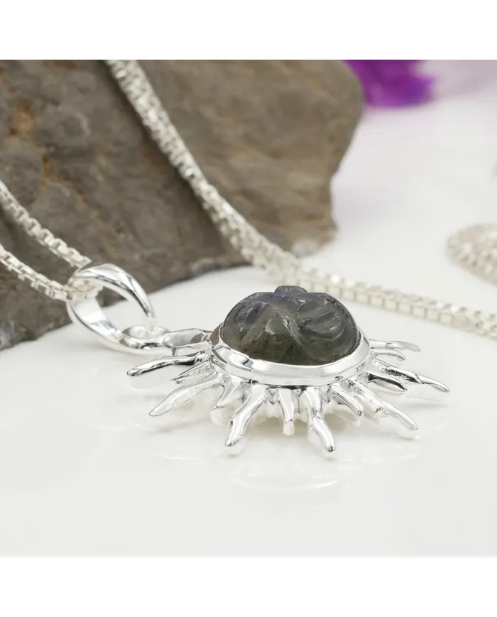 Face Carved Labradorite Pendant in 925 Sterling Silver Gemstone Jewelry