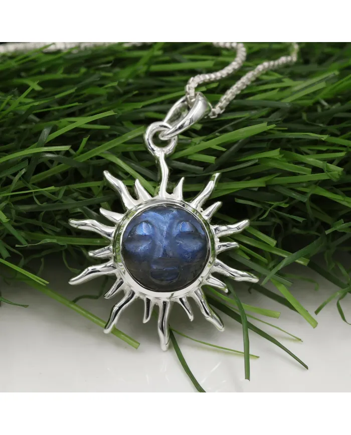 Face Carved Labradorite Pendant in 925 Sterling Silver Gemstone Jewelry