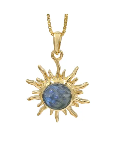 Unique Face Carved Labradorite Pendant in Gold Plated Sterling Silver