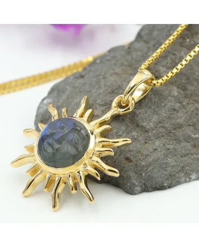 Unique Face Carved Labradorite Pendant in Gold Plated Sterling Silver
