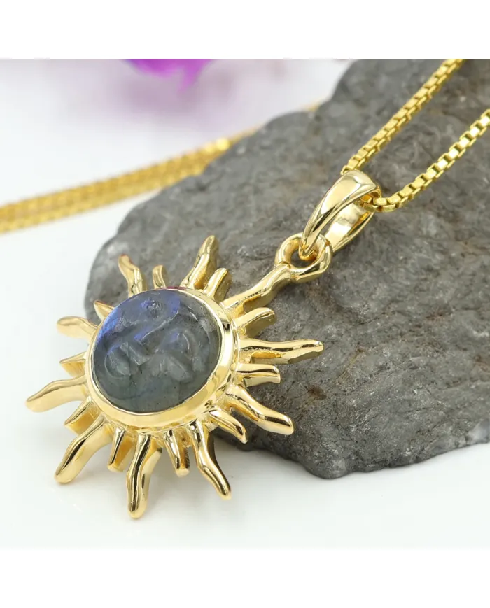 Unique Face Carved Labradorite Pendant in Gold Plated Sterling Silver