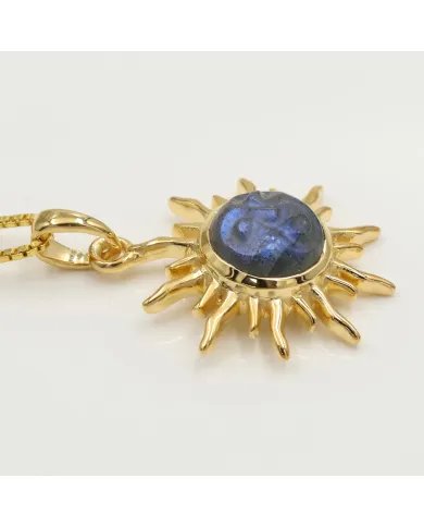 Unique Face Carved Labradorite Pendant in Gold Plated Sterling Silver