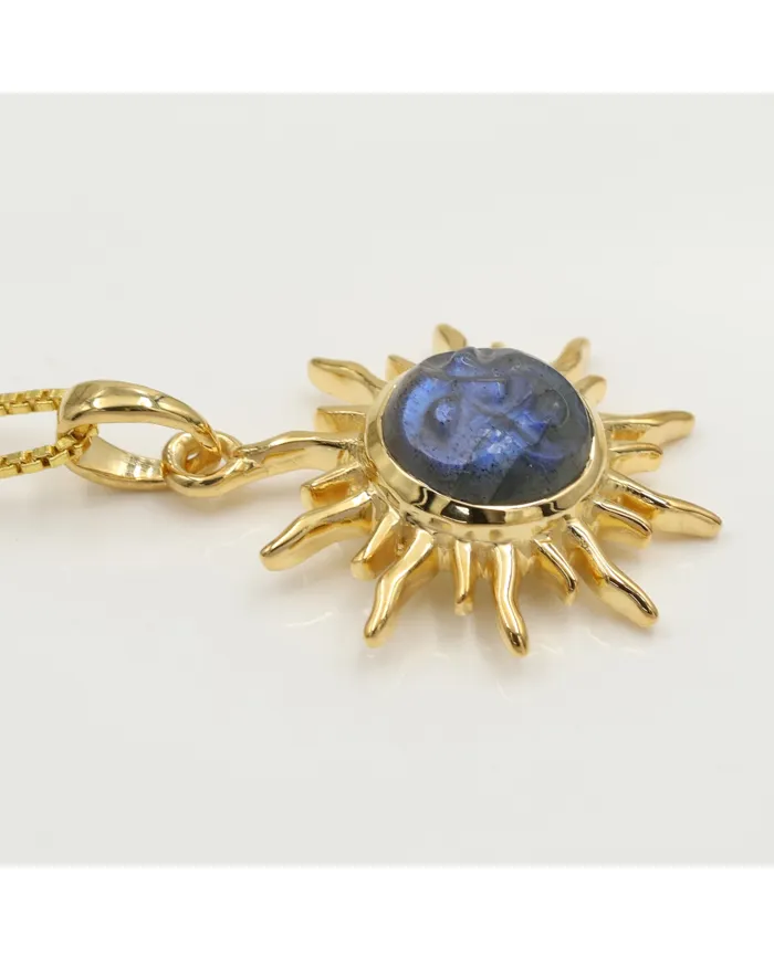 Unique Face Carved Labradorite Pendant in Gold Plated Sterling Silver