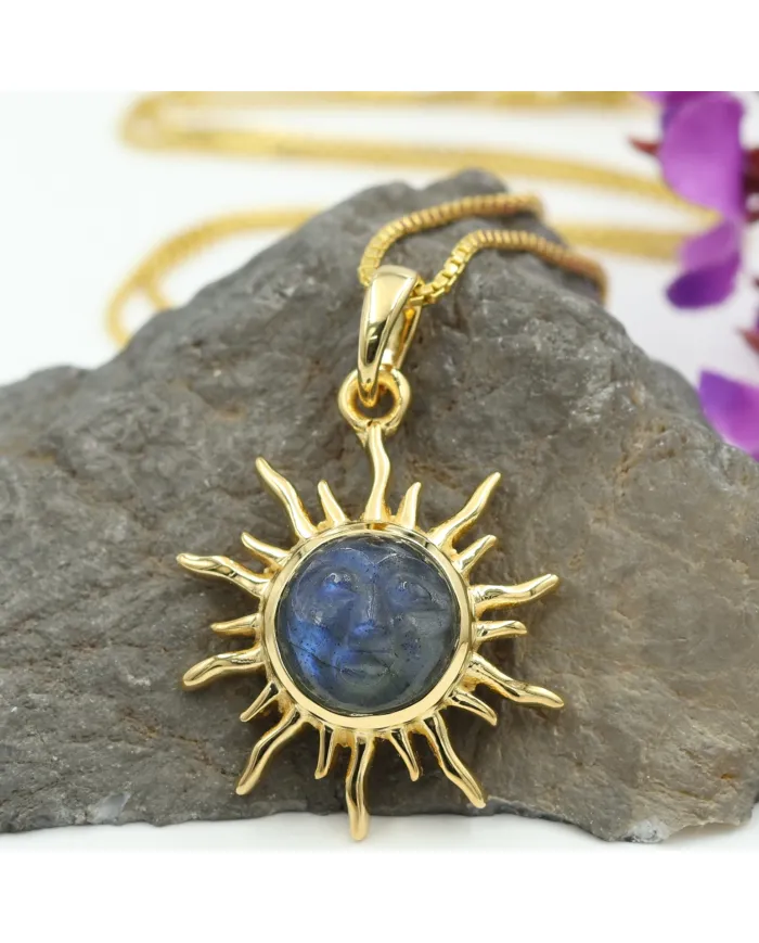 Unique Face Carved Labradorite Pendant in Gold Plated Sterling Silver