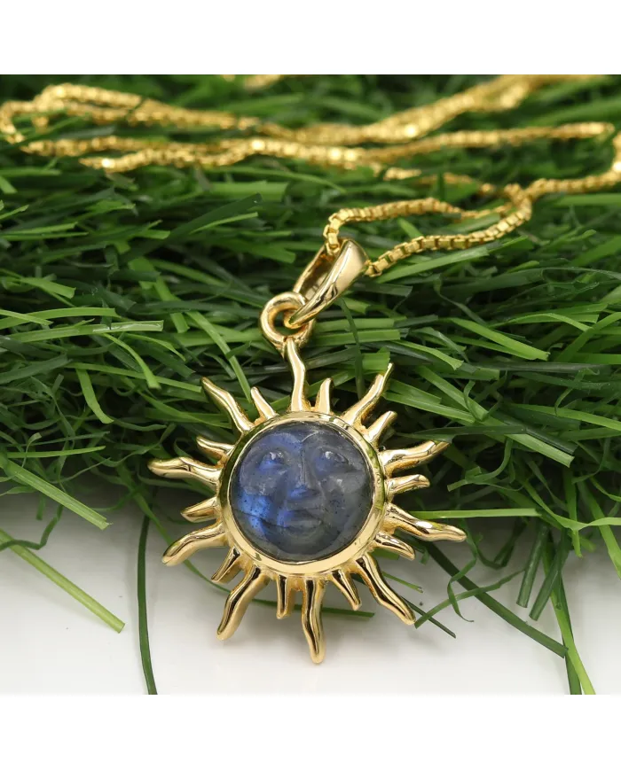 Unique Face Carved Labradorite Pendant in Gold Plated Sterling Silver