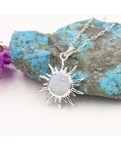 Rainbow Moonstone Sunburst Face Carved Pendant - 925 Silver Jewelry