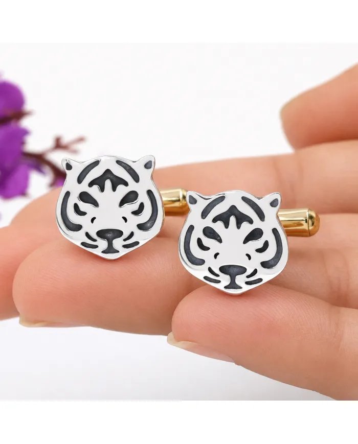 Silver & Brass Tiger Face Cufflinks – Handmade Luxury Men’s Gift