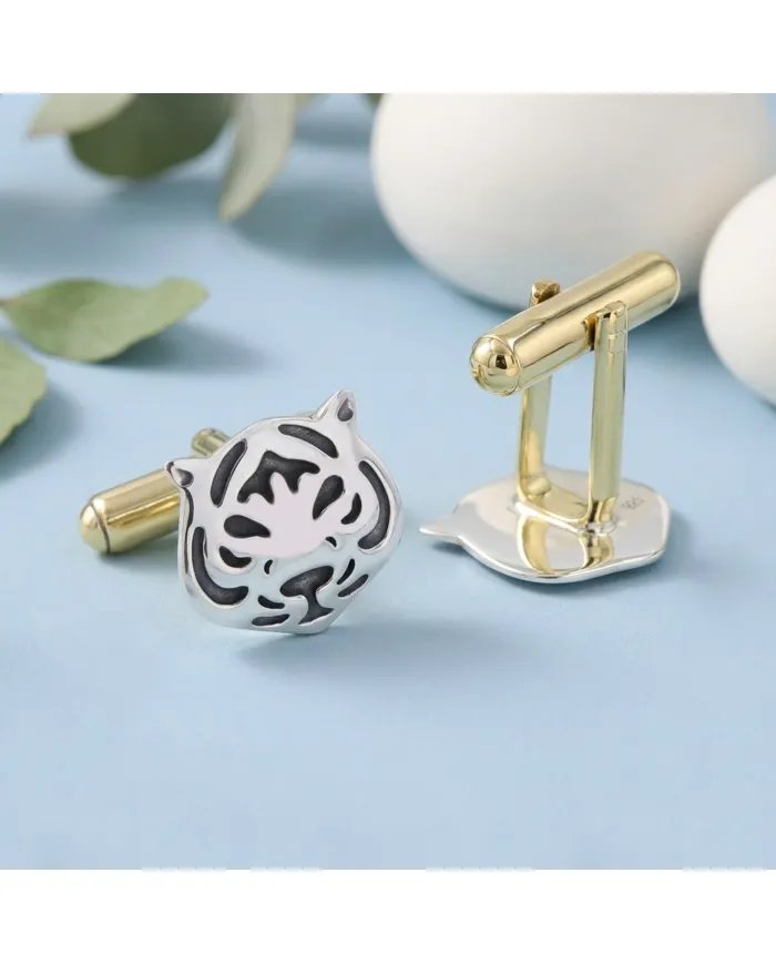 Silver & Brass Tiger Face Cufflinks – Handmade Luxury Men’s Gift