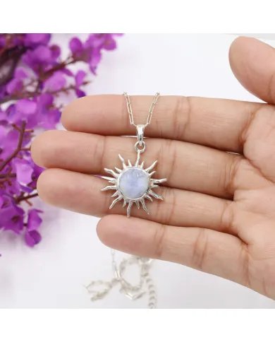 Rainbow Moonstone Sunburst Face Carved Pendant - 925 Silver Jewelry