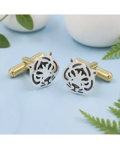 Silver & Brass Tiger Face Cufflinks – Handmade Luxury Men’s Gift