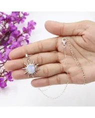 Rainbow Moonstone Sunburst Face Carved Pendant - 925 Silver Jewelry