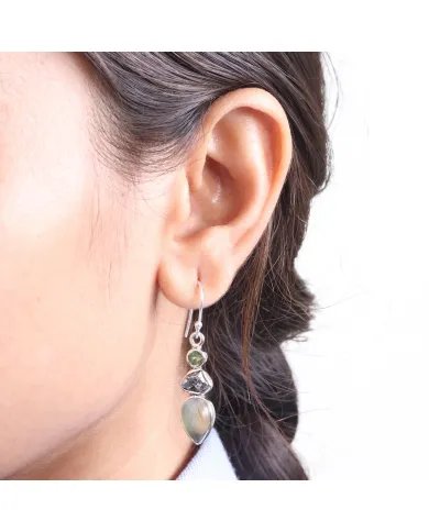 Prehnite, Meteorite & Peridot Gemstone Earrings - 925 Sterling Silver