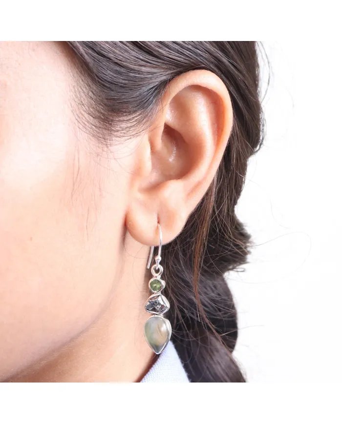 Prehnite, Meteorite & Peridot Gemstone Earrings - 925 Sterling Silver