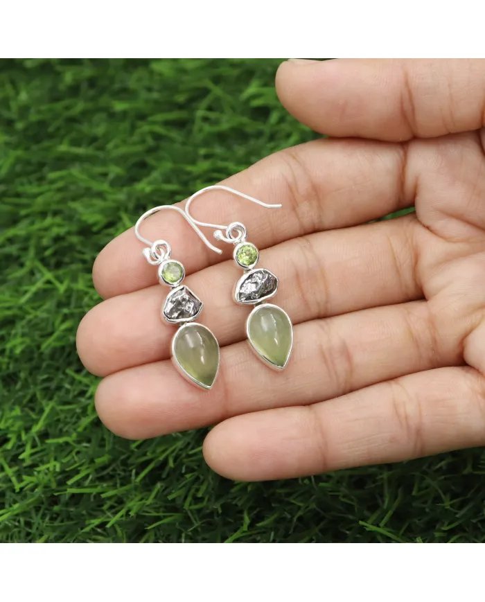 Prehnite, Meteorite & Peridot Gemstone Earrings - 925 Sterling Silver