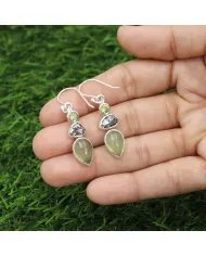 Prehnite, Meteorite & Peridot Gemstone Earrings - 925 Sterling Silver