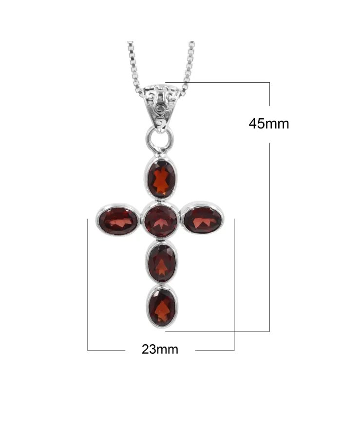 Garnet Cross Pendant in 925 Sterling Silver Handmade Religious Jewelry