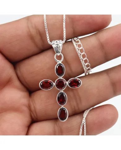 Garnet Cross Pendant in 925 Sterling Silver Handmade Religious Jewelry