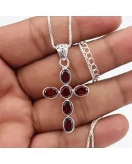 Garnet Cross Pendant in 925 Sterling Silver Handmade Religious Jewelry