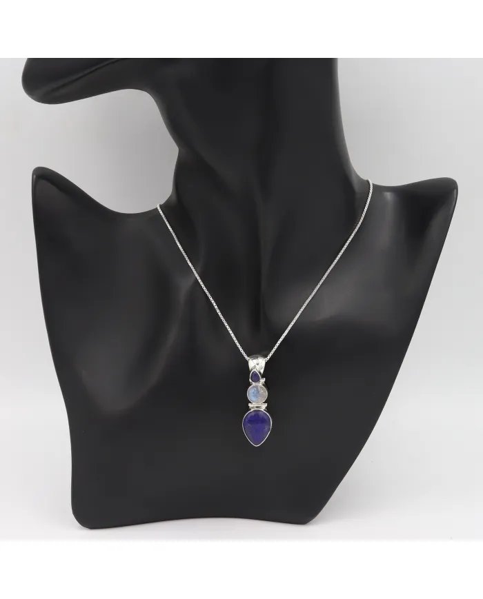 Elegant Lapis Lazuli & Moonstone Pendant in 925 Sterling Silver