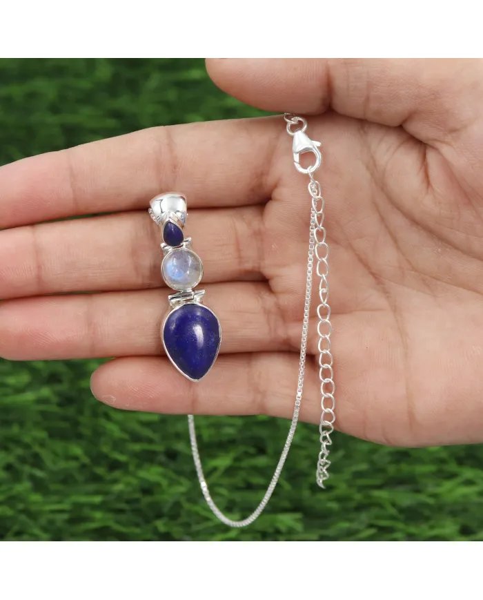 Elegant Lapis Lazuli & Moonstone Pendant in 925 Sterling Silver