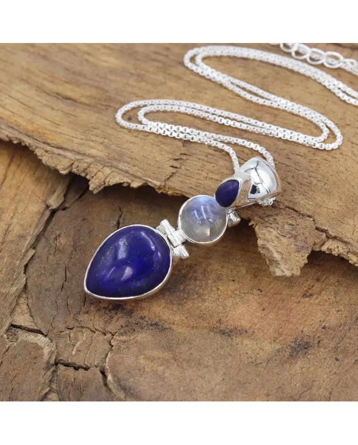 Elegant Lapis Lazuli & Moonstone Pendant in 925 Sterling Silver