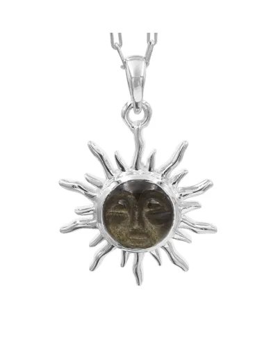 Obsidian Jasper Face Carved Sunburst Pendant in 925 Sterling Silver