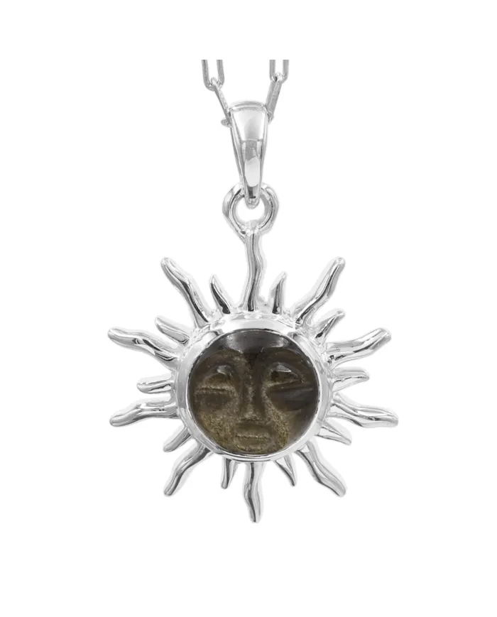 Obsidian Jasper Face Carved Sunburst Pendant in 925 Sterling Silver