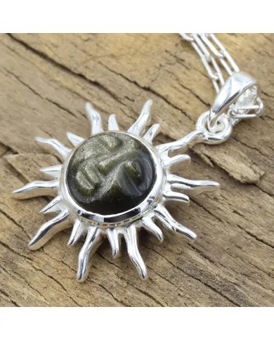 Obsidian Jasper Face Carved Sunburst Pendant in 925 Sterling Silver