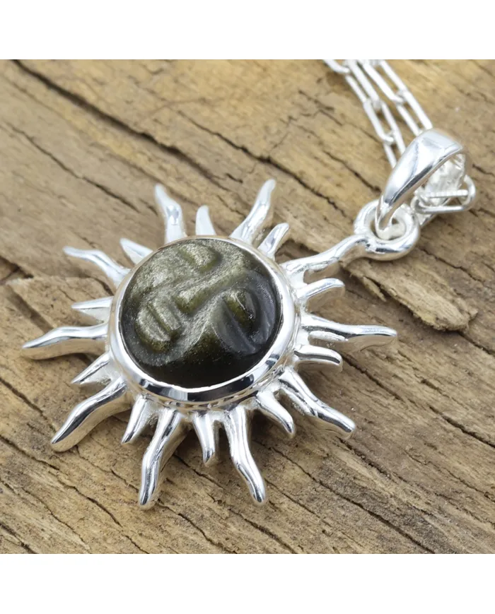Obsidian Jasper Face Carved Sunburst Pendant in 925 Sterling Silver