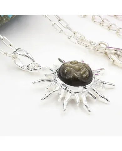Obsidian Jasper Face Carved Sunburst Pendant in 925 Sterling Silver