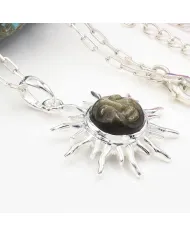 Obsidian Jasper Face Carved Sunburst Pendant in 925 Sterling Silver