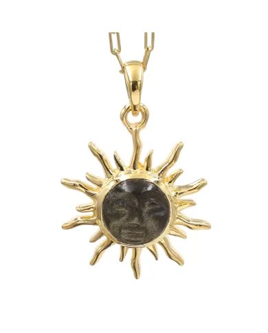 Sunburst Face Carved Pendant in Gold-Plated 925 Silver with Obsidian Jasper