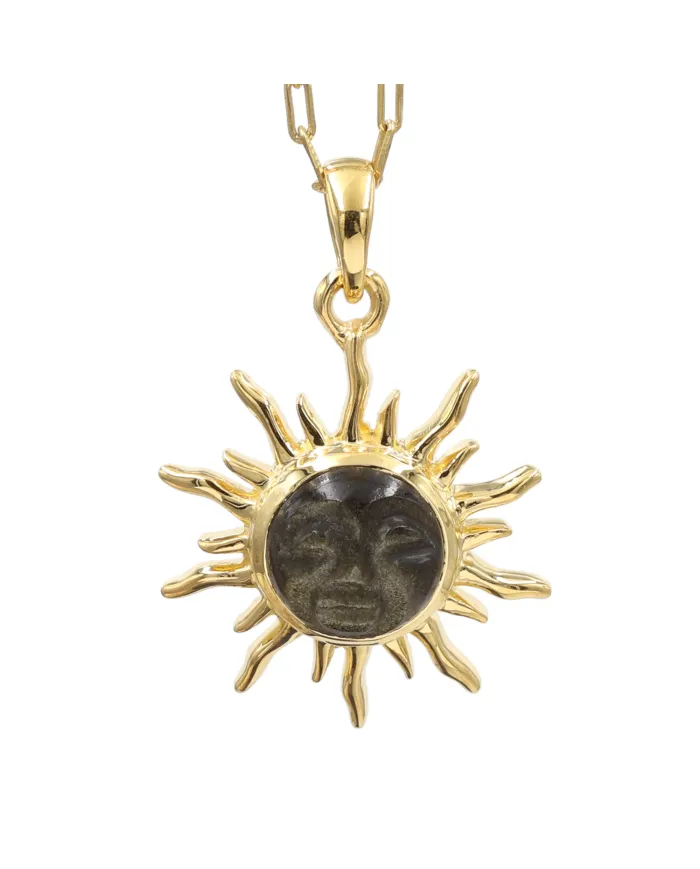 Sunburst Face Carved Pendant in Gold-Plated 925 Silver with Obsidian Jasper