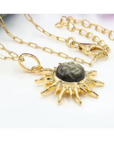 Sunburst Face Carved Pendant in Gold-Plated 925 Silver with Obsidian Jasper