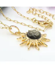 Sunburst Face Carved Pendant in Gold-Plated 925 Silver with Obsidian Jasper