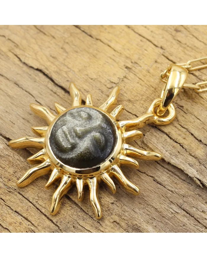 Sunburst Face Carved Pendant in Gold-Plated 925 Silver with Obsidian Jasper