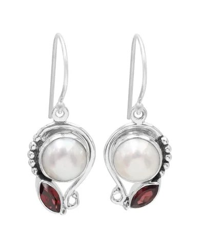 Elegant Pearl & Garnet Dangle Earrings - 925 Sterling Silver Jewelry