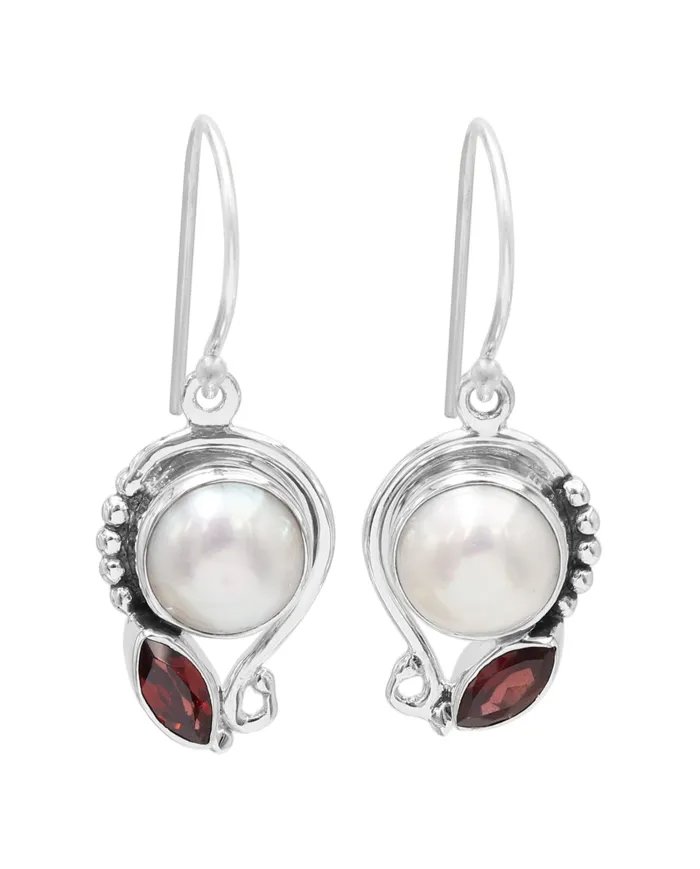 Elegant Pearl & Garnet Dangle Earrings - 925 Sterling Silver Jewelry