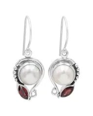Elegant Pearl & Garnet Dangle Earrings - 925 Sterling Silver Jewelry