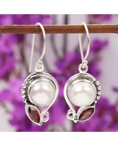 Elegant Pearl & Garnet Dangle Earrings - 925 Sterling Silver Jewelry