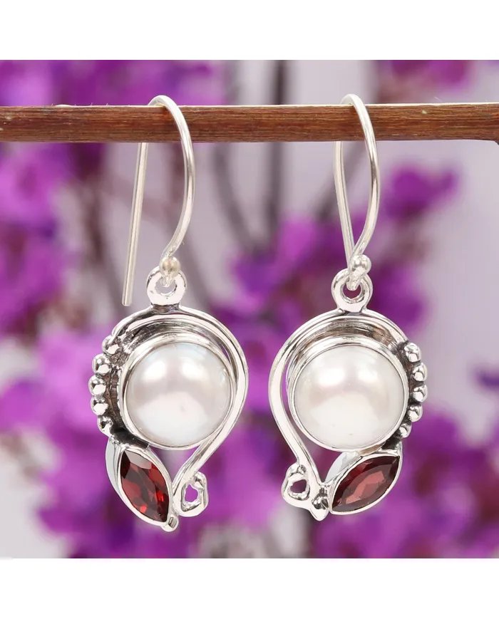Elegant Pearl & Garnet Dangle Earrings - 925 Sterling Silver Jewelry