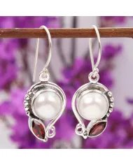 Elegant Pearl & Garnet Dangle Earrings - 925 Sterling Silver Jewelry