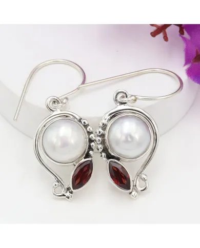 Elegant Pearl & Garnet Dangle Earrings - 925 Sterling Silver Jewelry