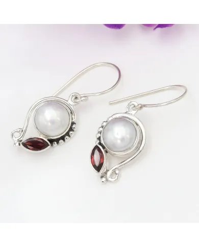 Elegant Pearl & Garnet Dangle Earrings - 925 Sterling Silver Jewelry